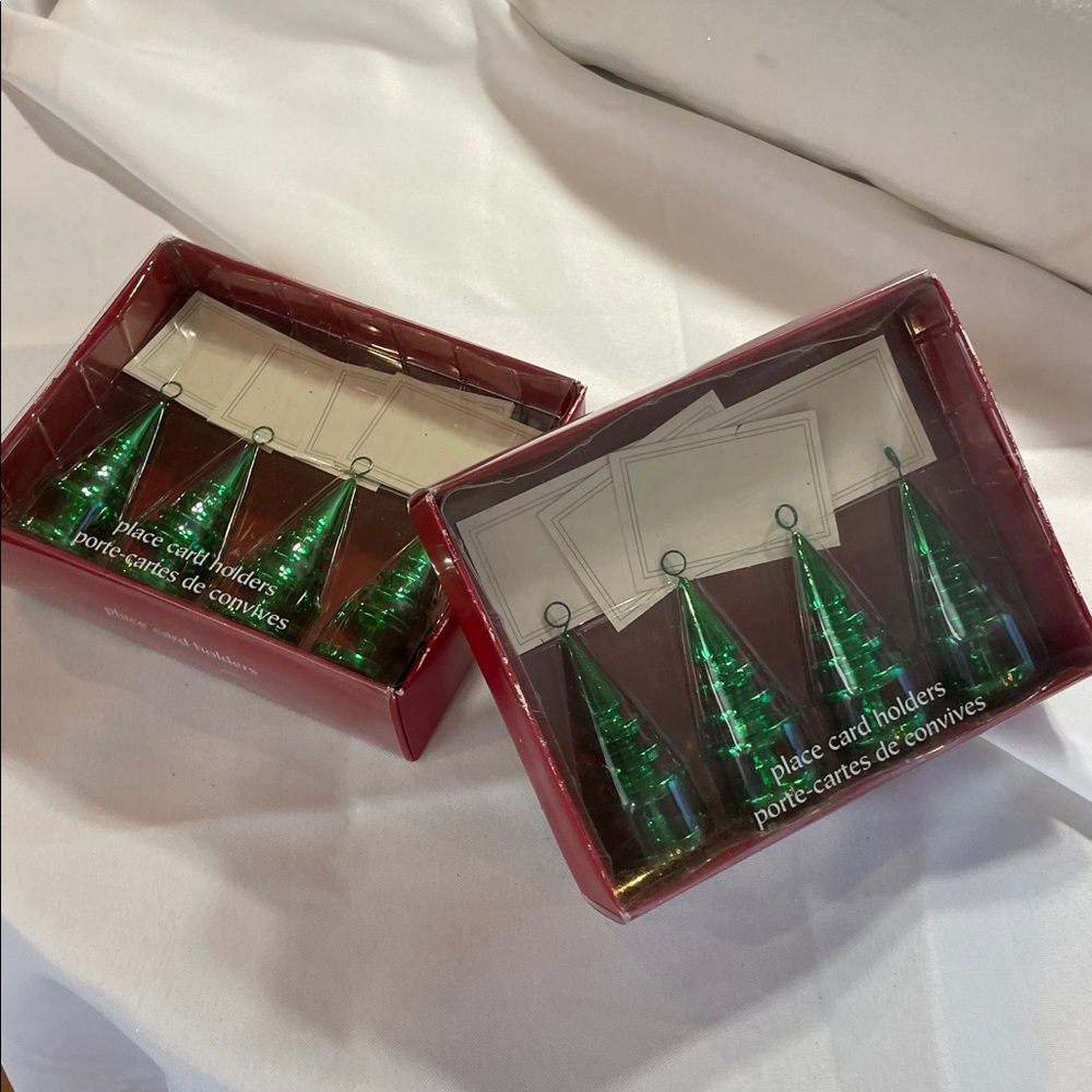 TWO SETS  4 in each Green Christmas Tree Place Card Holders set of 8